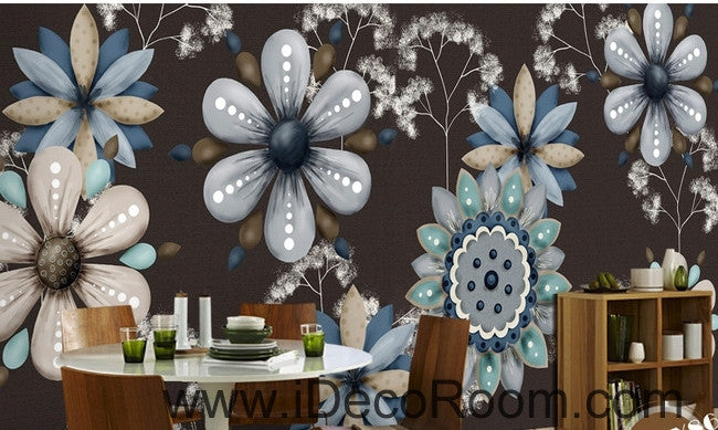 Retro Black Background Flower Small Round Flower oil painting effect wall art wall decor mural wallpaper wall  IDCWP-000239