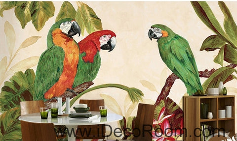 Image of Pastoral Retro Tropical Rainforest Three Parrot oil painting effects wall art wall decor mural wallpaper wall s IDCWP-000240