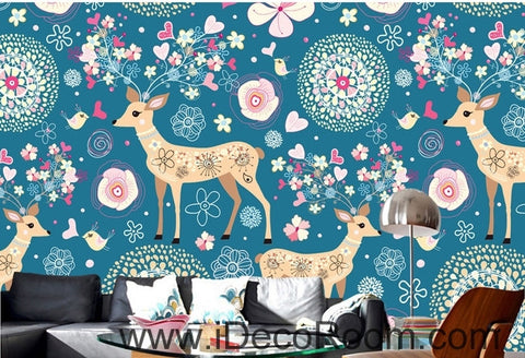 Image of Cute cartoon blue background multicolored red horse deer heart animal oil painting effect wall art wall decor mural wallpaper wall  IDCWP-000244