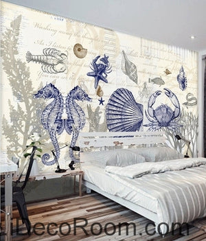 Fantastic fresh blue sea hippocampus crab coral wall art wall decor mural wallpaper wall paper IDCWP-000247