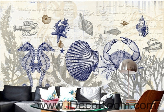 Fantastic fresh blue sea hippocampus crab coral wall art wall decor mural wallpaper wall paper IDCWP-000247