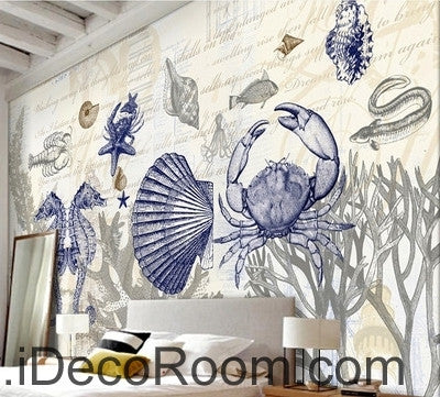 Fantastic fresh blue sea hippocampus crab coral wall art wall decor mural wallpaper wall paper IDCWP-000247