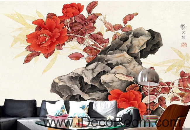 Retro Rockery Sunset Rose Chinese Painting oil painting effect Wall wall art wall decor mural wallpaper wall  IDCWP-000253