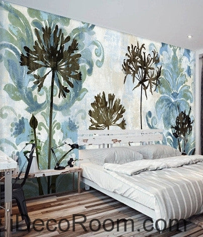 Image of A beautiful dream blue fresh pattern flower dandelion oil painting effect wall art wall decor mural wallpaper wall  IDCWP-000258