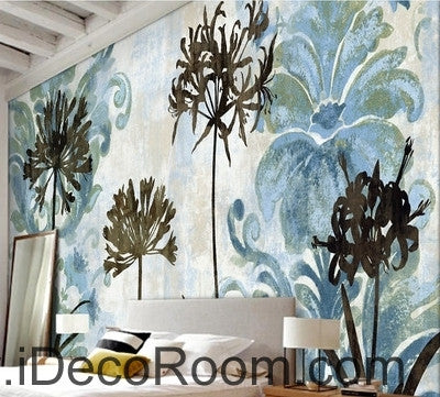 Image of A beautiful dream blue fresh pattern flower dandelion oil painting effect wall art wall decor mural wallpaper wall  IDCWP-000258