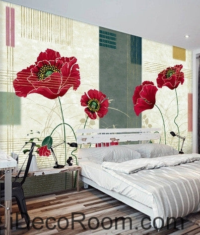 Small fresh striped pattern blooming Hongyan poppy flower painting wall art wall decor mural wallpaper wall  IDCWP-000261