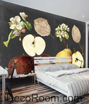 Retro Black Fruit Apple Pear Apple Flower Pear Flower oil painting effect wall art wall decor mural wallpaper wall  IDCWP-000267