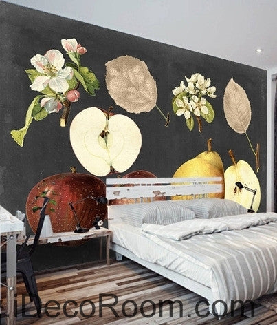 Image of Retro Black Fruit Apple Pear Apple Flower Pear Flower oil painting effect wall art wall decor mural wallpaper wall  IDCWP-000267