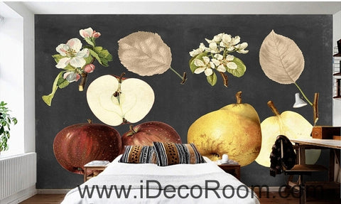 Image of Retro Black Fruit Apple Pear Apple Flower Pear Flower oil painting effect wall art wall decor mural wallpaper wall  IDCWP-000267