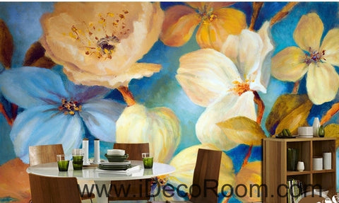 Image of Beautiful dream fresh blue light yellow blooming flowers poppy flower wall art wall decor mural wallpaper wall  IDCWP-000271