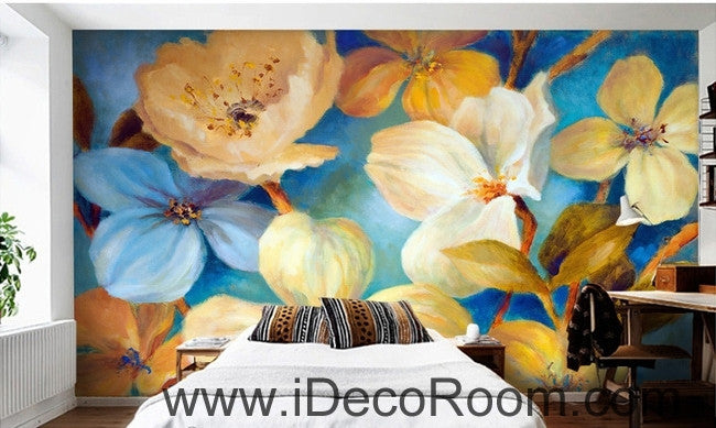 Beautiful dream fresh blue light yellow blooming flowers poppy flower wall art wall decor mural wallpaper wall  IDCWP-000271