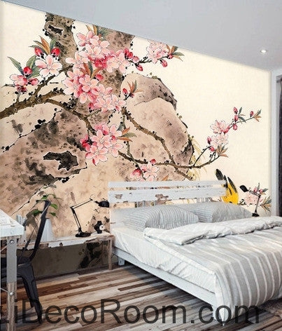 Retro pink cherry blossom on the branches of the oriole magpie oil painting effect wall art wall decor mural wallpaper wall  IDCWP-000273