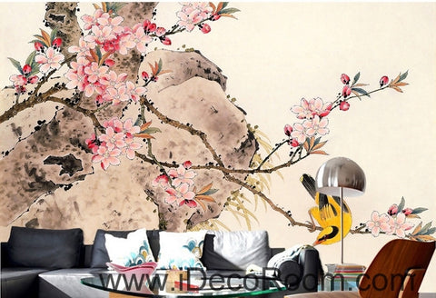 Image of Retro pink cherry blossom on the branches of the oriole magpie oil painting effect wall art wall decor mural wallpaper wall  IDCWP-000273
