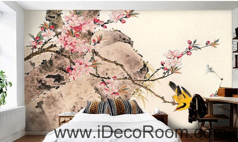 Image of Retro pink cherry blossom on the branches of the oriole magpie oil painting effect wall art wall decor mural wallpaper wall  IDCWP-000273