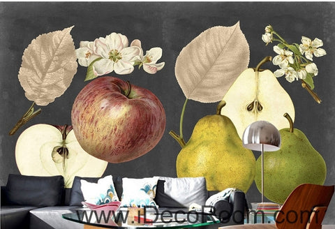 Image of Retro Black Fruit Apple Pear Apple Flower Pear Flower oil painting effect wall art wall decor mural wallpaper wall  IDCWP-000276