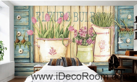 Image of Small fresh pastoral scenery pink tulip vase still life wall art wall decor mural wallpaper wall  IDCWP-000279
