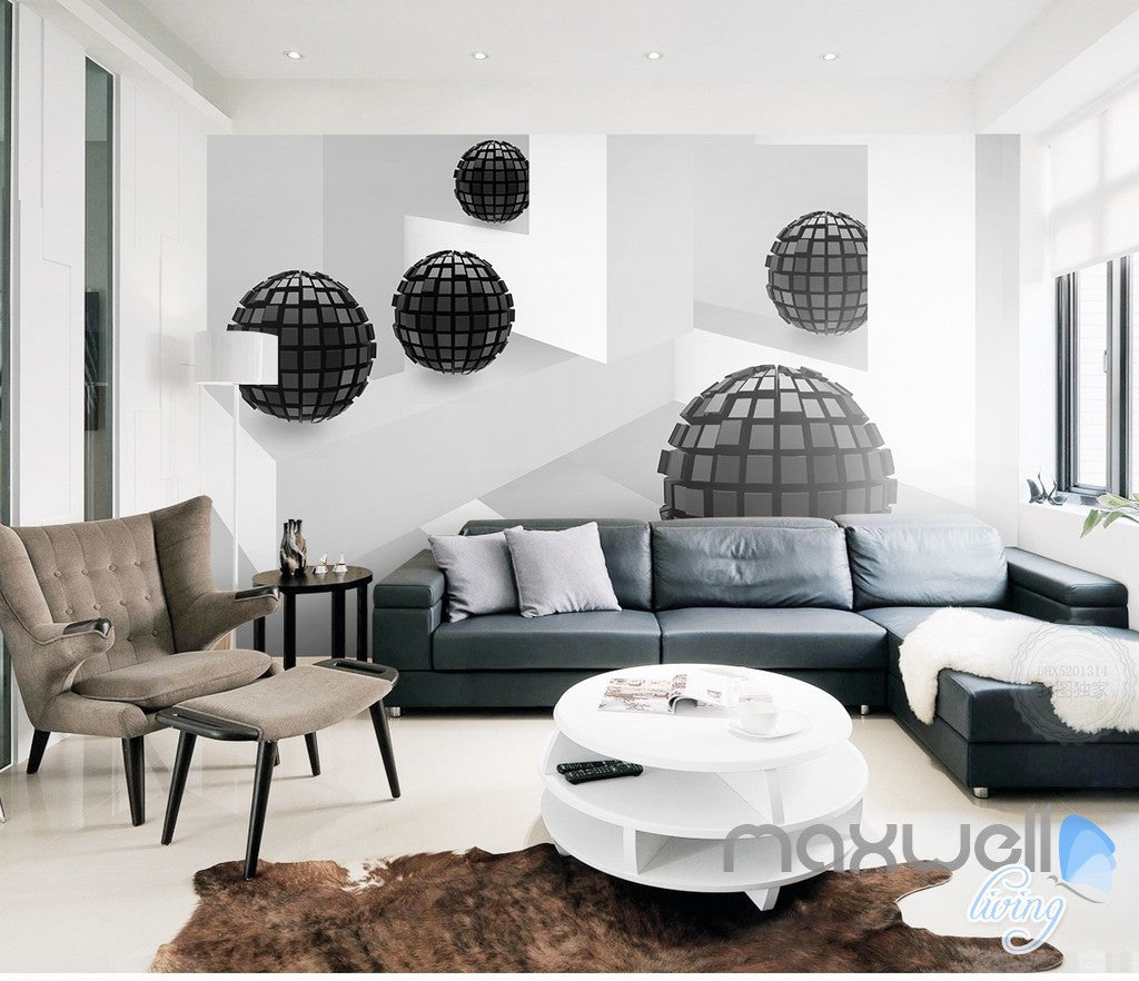 3D Modern Abstract Black Sphere 5D Wall Paper Mural Art Print Decals Decor IDCWP-3DB-000001