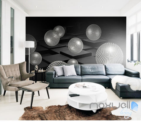 Image of 3D Black White Sphere 5D Wall Paper Mural Art Print Decals Business Decor IDCWP-3DB-000017