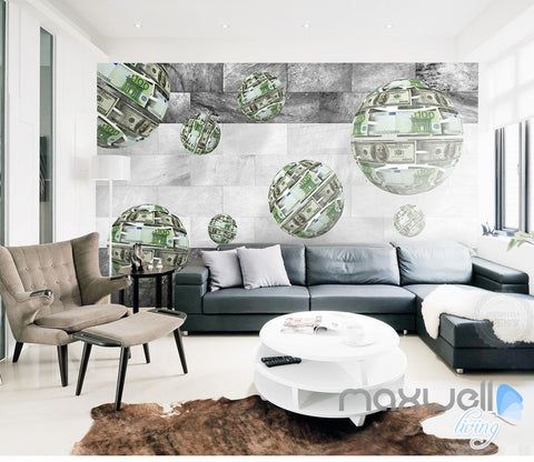 Image of 3D Euro Dollar Sphere 5D Wall Paper Mural Art Print Decals Business Decor IDCWP-3DB-000018