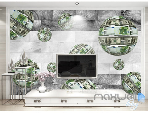 Image of 3D Euro Dollar Sphere 5D Wall Paper Mural Art Print Decals Business Decor IDCWP-3DB-000018