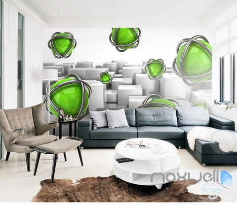 Image of 3D Green Ball Blocks 5D Wall Paper Mural Art Print Decals Business Decor IDCWP-3DB-000030