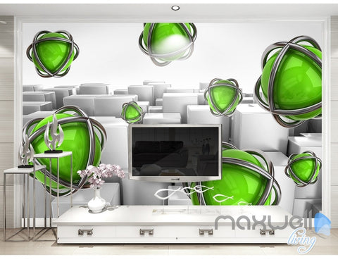 3D Green Ball Blocks 5D Wall Paper Mural Art Print Decals Business Decor IDCWP-3DB-000030