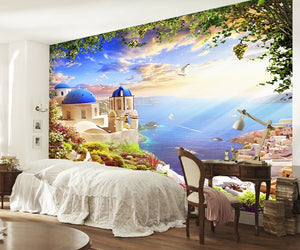 Dream Aegean romantic castle sea gull boat mural Wallpaper IDCWP-DZ-000033