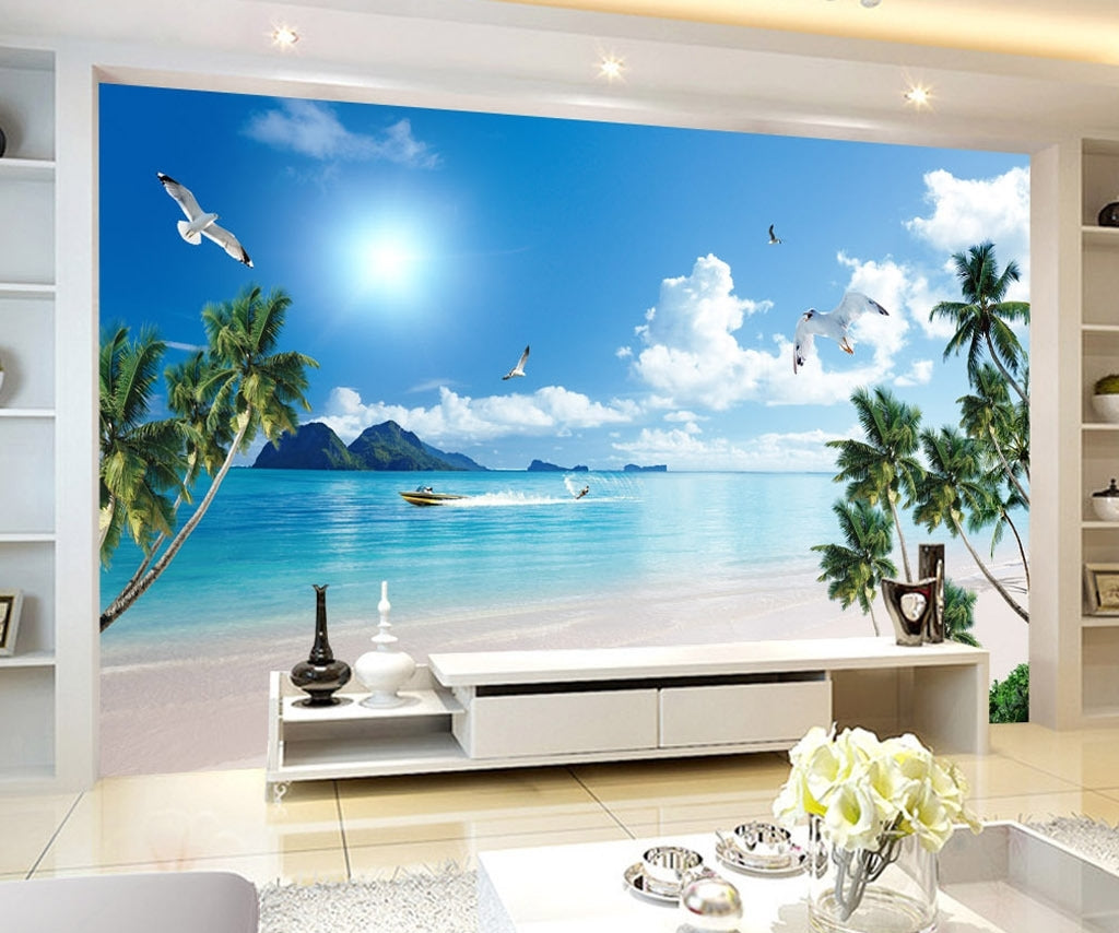 3d blue sky blue sea coconut sailboat seagull beach mural IDCWP-DZ-000035