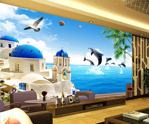 Mediterranean Love Sea Night Dolphin Seagull Mural wallpaper IDCWP-DZ-000037