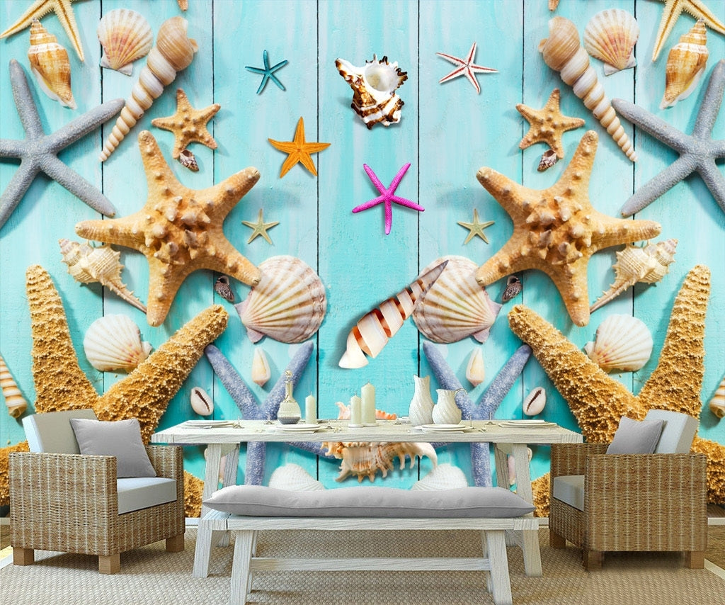 Blue wooden board mediterranean seashell ocean style wallpaper IDCWP-DZ-000063