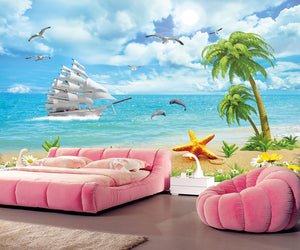 Seascape Landscape Coconut Tree Sailing Living Room Wallpaper IDCWP-DZ-000120