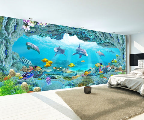 Underwater World Dolphin 3D Sea House Living Room Wallpaper IDCWP-DZ-000142