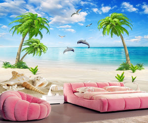 Summer Love Sea Landscape Coconut Tree Beach Sofa Wallpaper IDCWP-DZ-000143