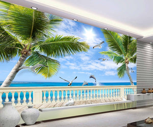 3D Mediterranean Beach Seascape Coconut Tree Maldives Wallpaper IDCWP-DZ-000224