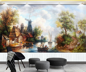 Dutch Village Pier Classical Landscape Oil Painting Wallpaper IDCWP-DZ-000230