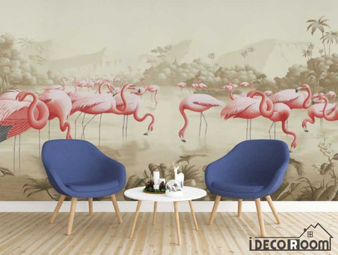 Image of European retro flowers birds scenery flamingo wallpaper wall murals IDCWP-HL-000005
