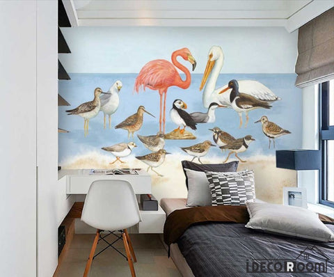 Image of Flamingo seabird animal cartoon children wallpaper wall murals IDCWP-HL-000007