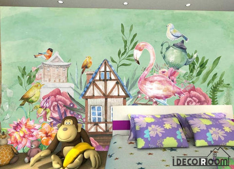 Image of Watercolor flamingo plant flower bird wallpaper wallpaper wall murals IDCWP-HL-000018