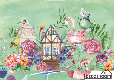 Image of Watercolor flamingo plant flower bird wallpaper wallpaper wall murals IDCWP-HL-000018