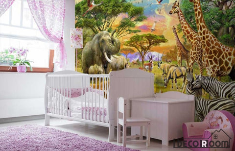 Image of Forest lion giraffe zebra flamingo animal wallpaper wall murals IDCWP-HL-000021