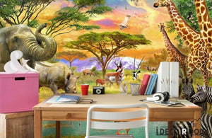 Forest lion giraffe zebra flamingo animal wallpaper wall murals IDCWP-HL-000021