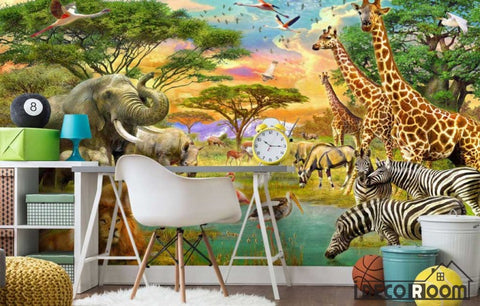 Image of Forest lion giraffe zebra flamingo animal wallpaper wall murals IDCWP-HL-000021