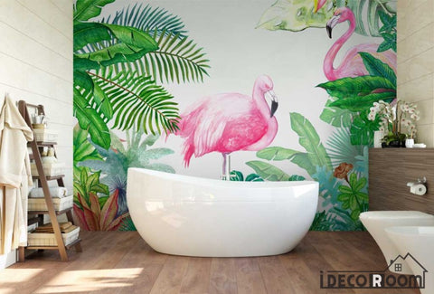 Image of forest park landscape flamingo green monstera wallpaper wall murals IDCWP-HL-000040