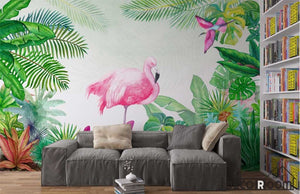 Tropical park landscape flamingo green monstera wallpaper wall murals IDCWP-HL-000041