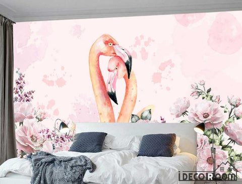 Image of Nordic minimalism watercolor flamingo floral wallpaper wall murals IDCWP-HL-000048