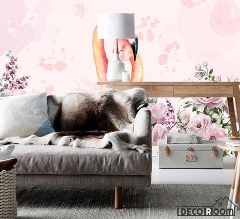 Image of Nordic minimalism watercolor flamingo floral wallpaper wall murals IDCWP-HL-000048