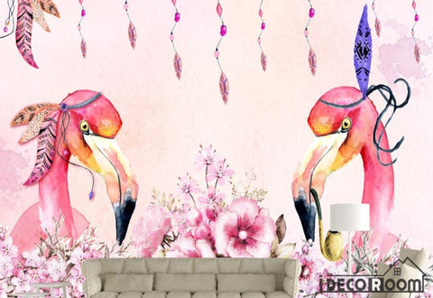 Image of Nordic watercolor flamingo floral wallpaper wall murals IDCWP-HL-000049