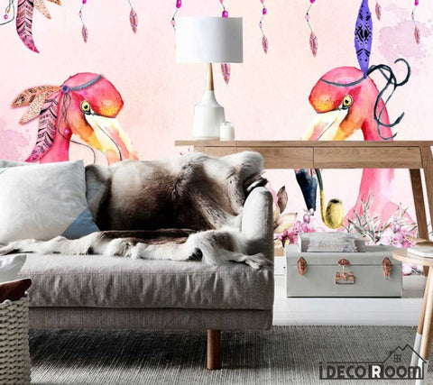 Image of Nordic watercolor flamingo floral wallpaper wall murals IDCWP-HL-000049