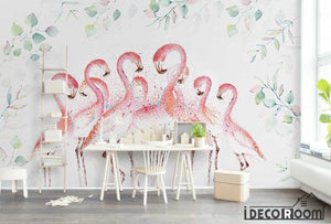 Pink medieval line flamingo plant wallpaper wall murals IDCWP-HL-000073