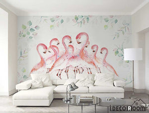 Pink medieval line flamingo plant wallpaper wall murals IDCWP-HL-000073